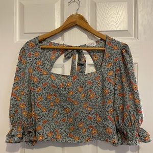 Sienna Sky Floral Ruched Tie Crop Top Blue Grey Puff Sleeves Sz Medium